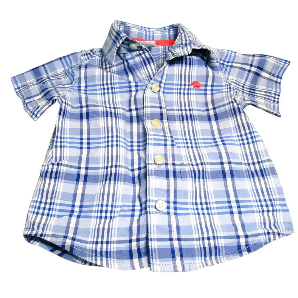 Carter’s Baby Boy Plaid Shirt Blue & White Short Sleeve Dino Applique Size 6 mos